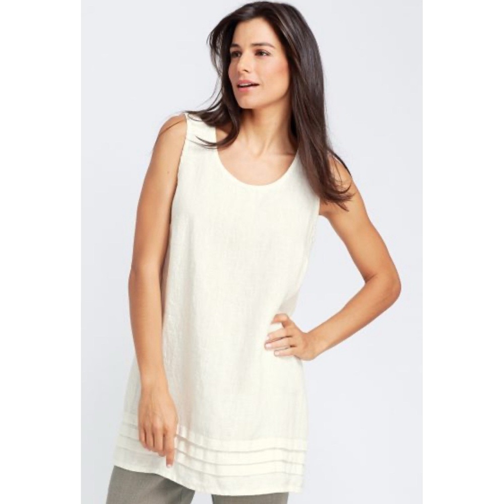 FLAX Womens L White 100% Linen Sleeveless Pintuck Hem Tunic Top NWT